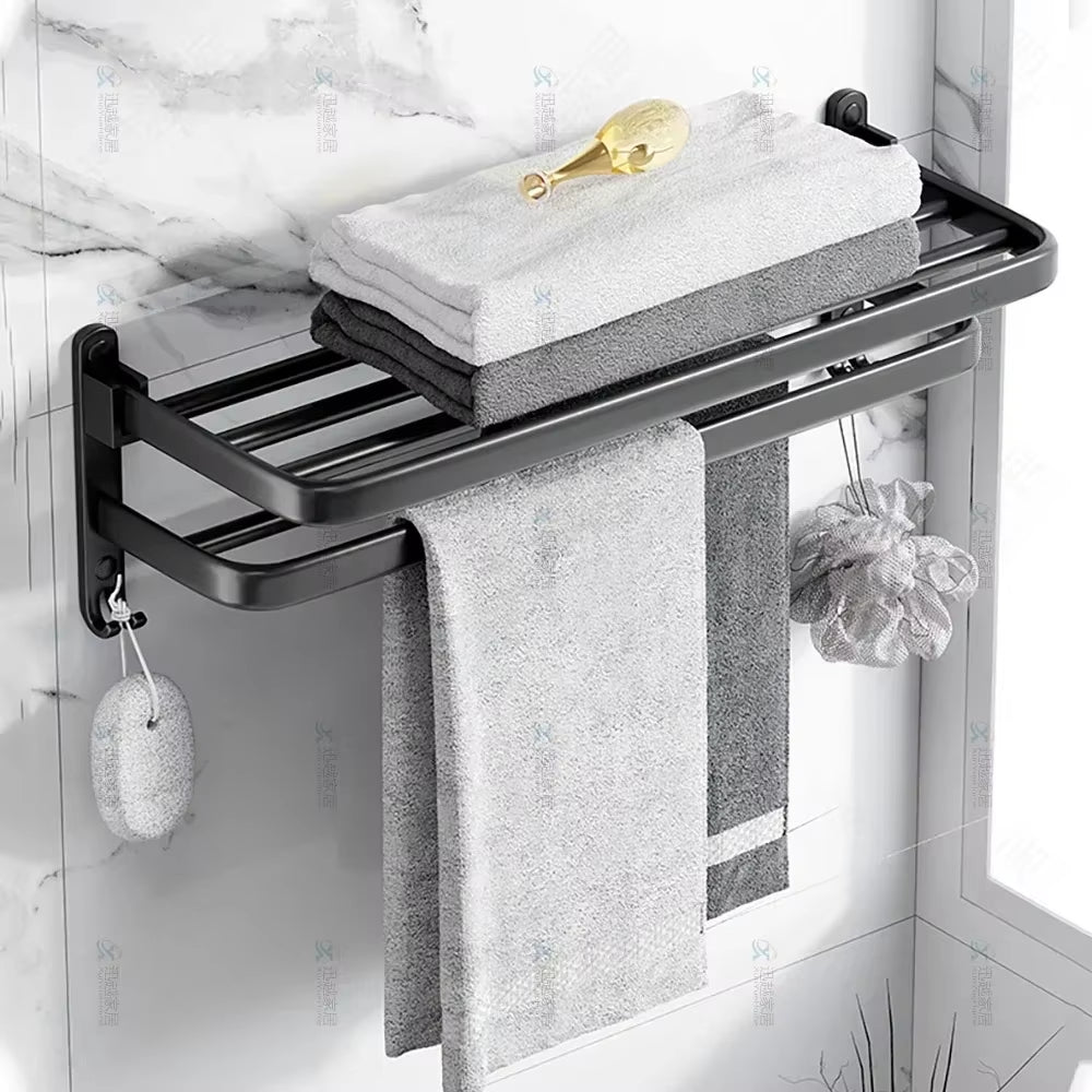Towel Rack 40-60 CM Folding Holder with Hook Bathroom Accessories Wall Mount Rail Shower Hanger Aluminum Bar Matte Black Shelf