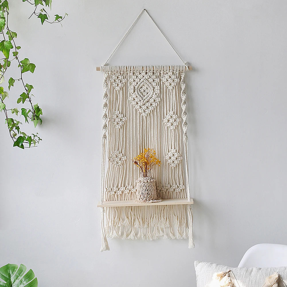 Macrame Wall Hanging Shelf Boho Home Decor Shelves on Wall Wood Decoration for Bedroom Living Room Nursery Christamas Gift