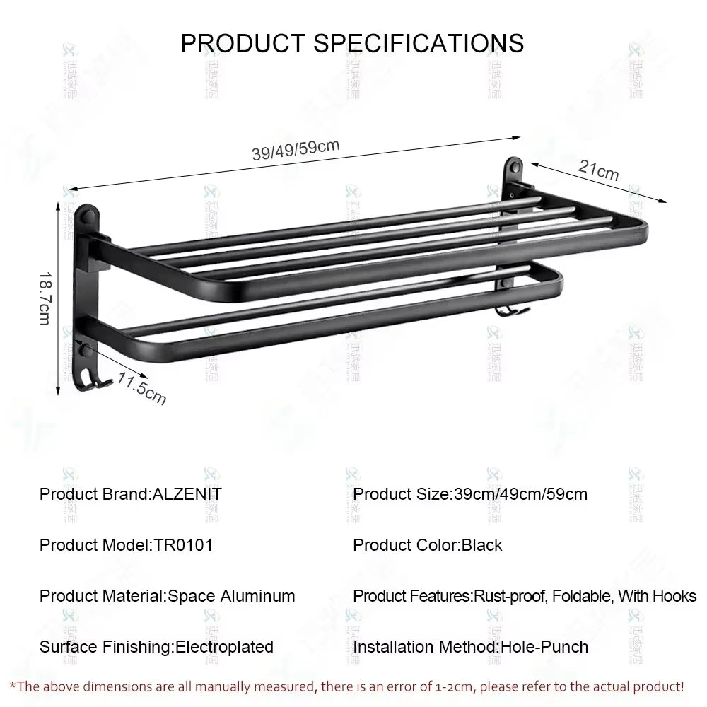Towel Rack 40-60 CM Folding Holder with Hook Bathroom Accessories Wall Mount Rail Shower Hanger Aluminum Bar Matte Black Shelf