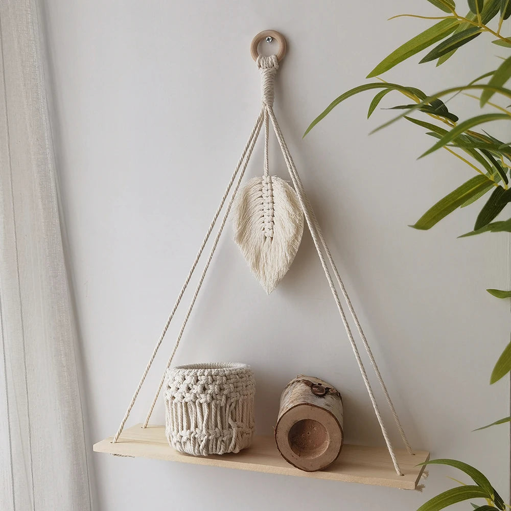 Macrame Wall Hanging Shelf Boho Home Decor Shelves on Wall Wood Decoration for Bedroom Living Room Nursery Christamas Gift