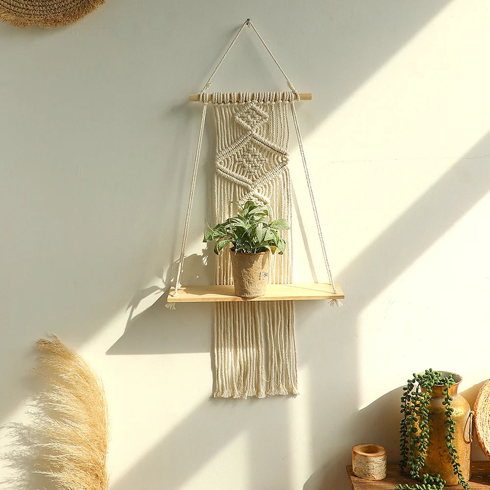 Macrame Wall Hanging Shelf Boho Home Decor Shelves on Wall Wood Decoration for Bedroom Living Room Nursery Christamas Gift