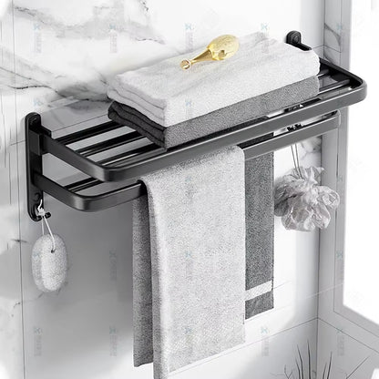 Towel Rack 40-60 CM Folding Holder with Hook Bathroom Accessories Wall Mount Rail Shower Hanger Aluminum Bar Matte Black Shelf