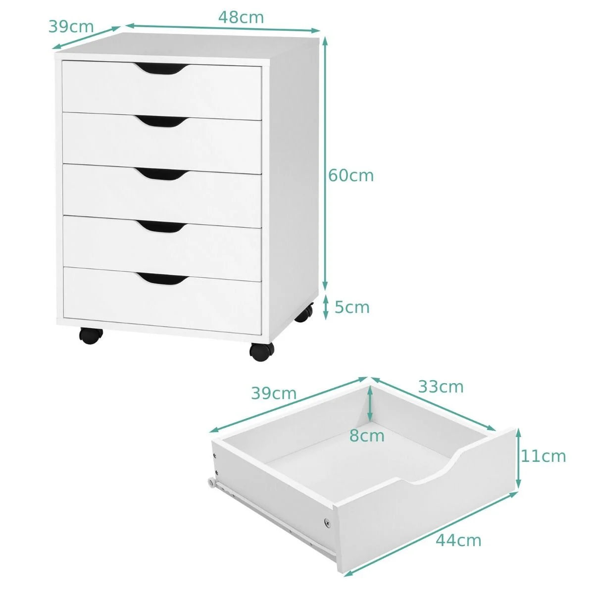 5 Drawer Chest with Wheels for Home and Office