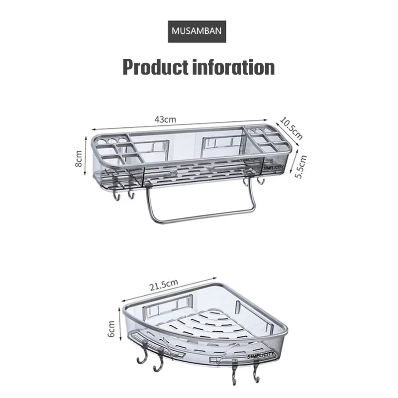 MUSAMBAN Bathroom Shelves Storage Organizer Rack Shower Shelf Wall Mount Shampoo Towel Bar Corner Holder Kitchen Accessories