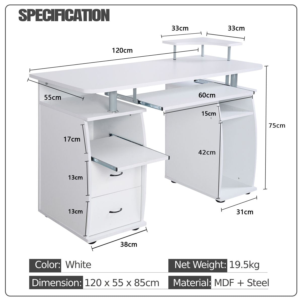 Office Workstation with 2 Drawers and Sliding Keyboard Tray
