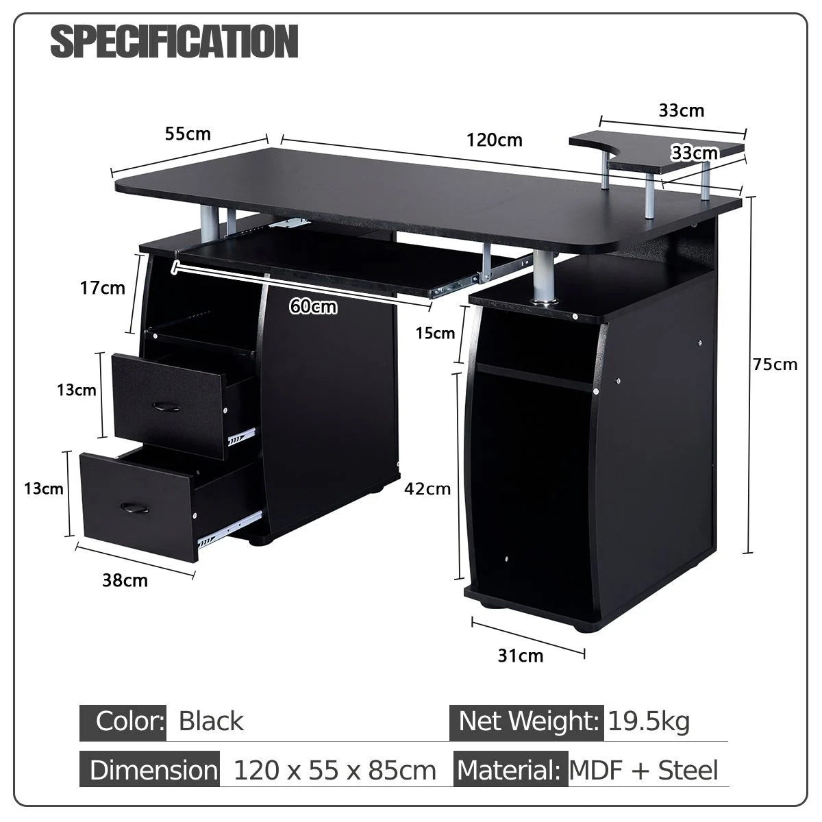 Office Workstation with 2 Drawers and Sliding Keyboard Tray