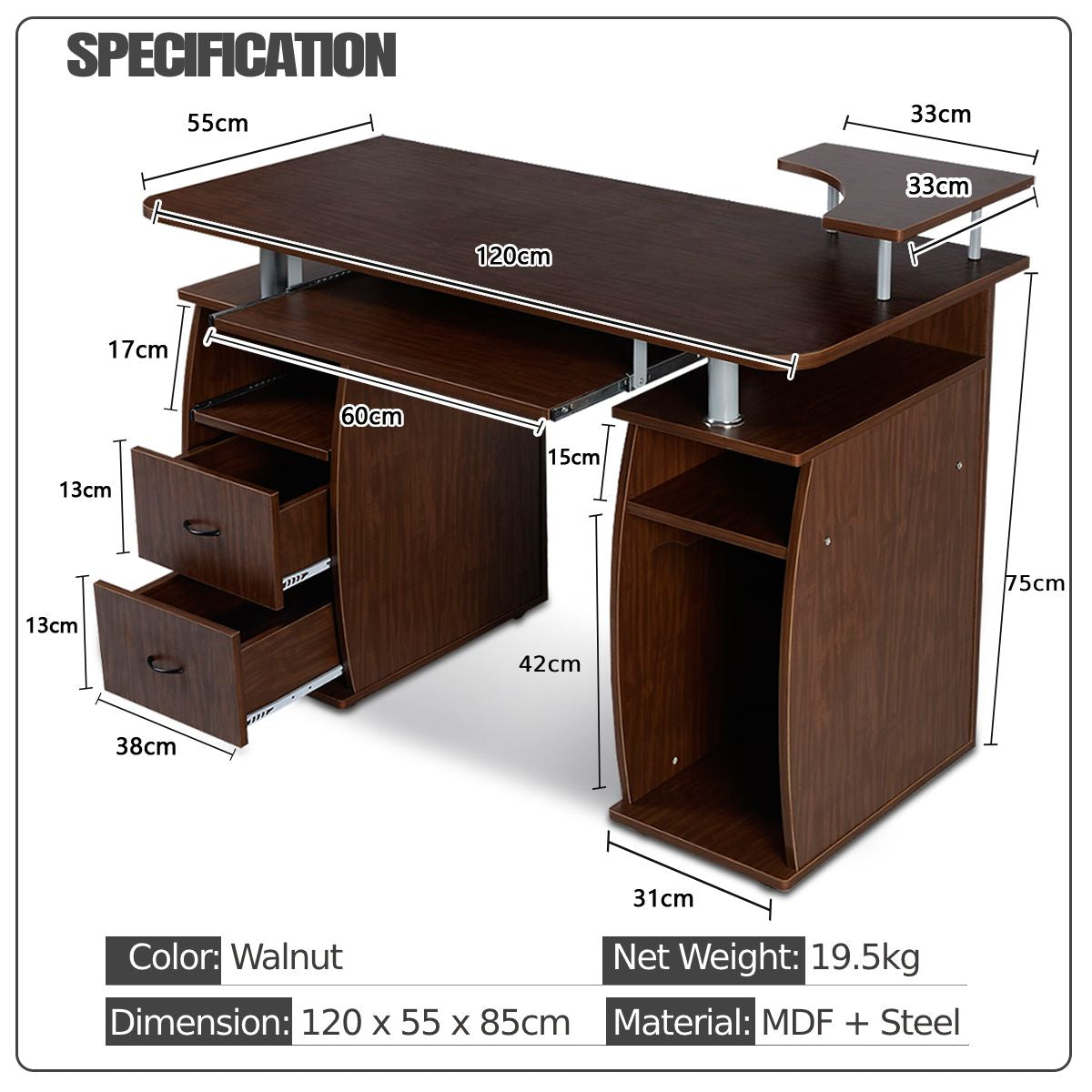 Office Workstation with 2 Drawers and Sliding Keyboard Tray
