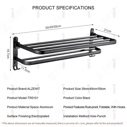 Towel Rack 40-60 CM Folding Holder with Hook Bathroom Accessories Wall Mount Rail Shower Hanger Aluminum Bar Matte Black Shelf
