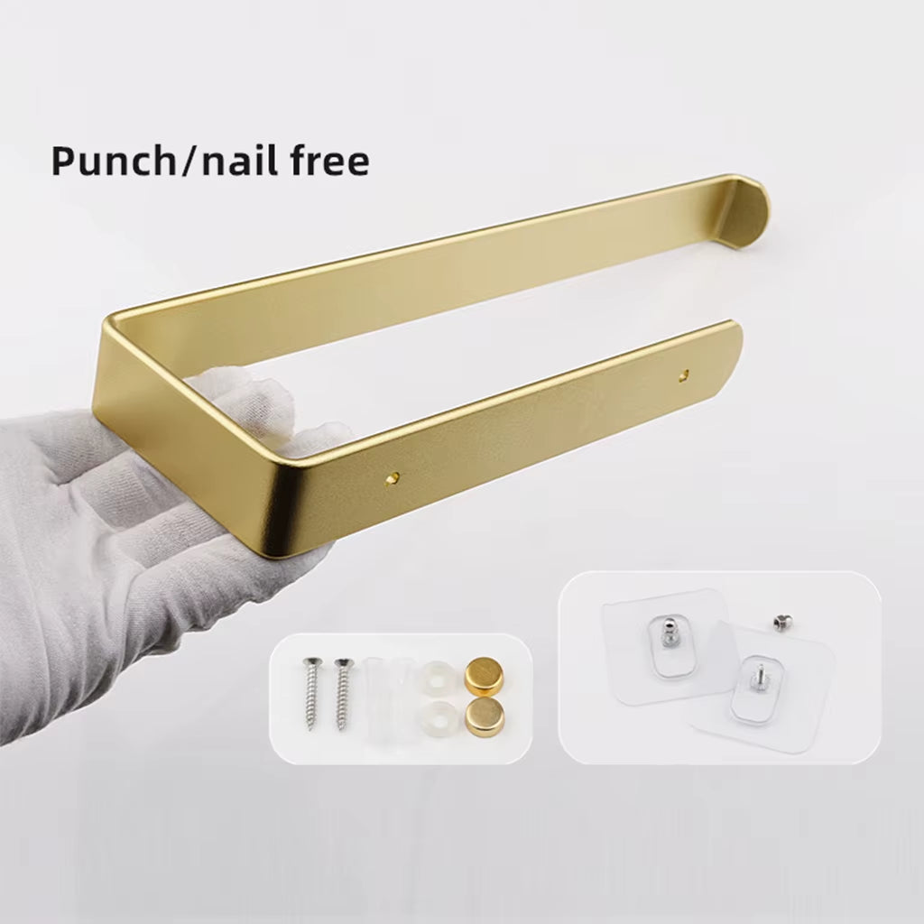 Golden Bathroom Towel Holder Rack Bar Kitchen Roll Paper Hand Towel Hanger Self Adhesive Storage Shelf Home Organizer No Drill