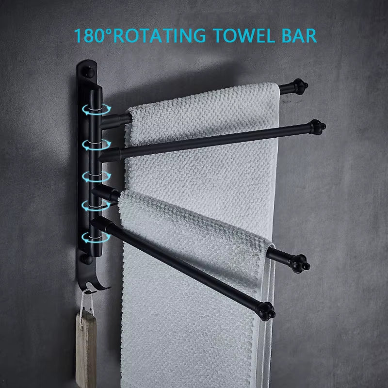 Stainless Steel Bathroom Swivel Towel Bar, Swing Hanger Towel Rack with Hook Space Saving Wall Mount Rotating Towel Rail