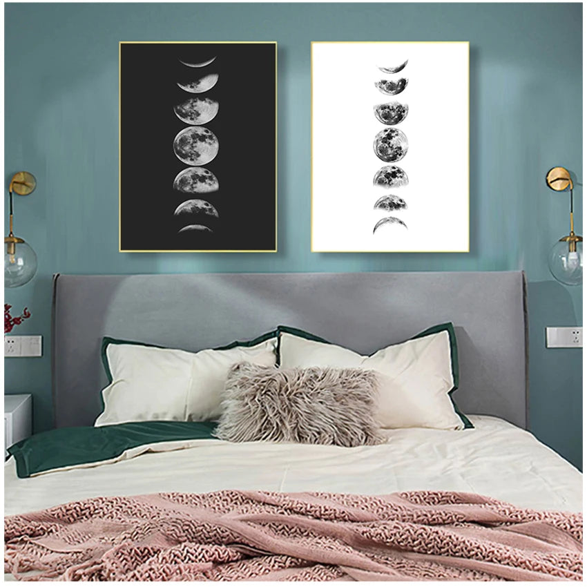 Poster Painting La Luna Pictures Home Wall Art Decor Moon Phases Wall Art Canvas Poster Print , Black and White Moon Phases