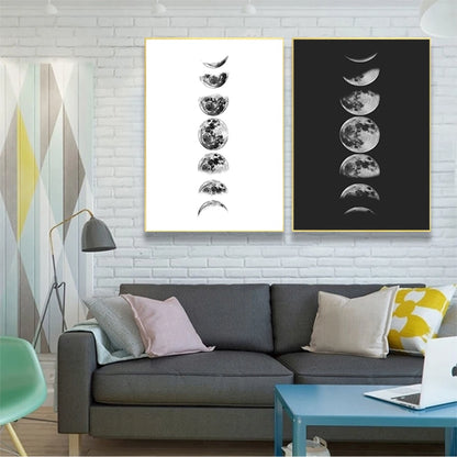 Poster Painting La Luna Pictures Home Wall Art Decor Moon Phases Wall Art Canvas Poster Print , Black and White Moon Phases