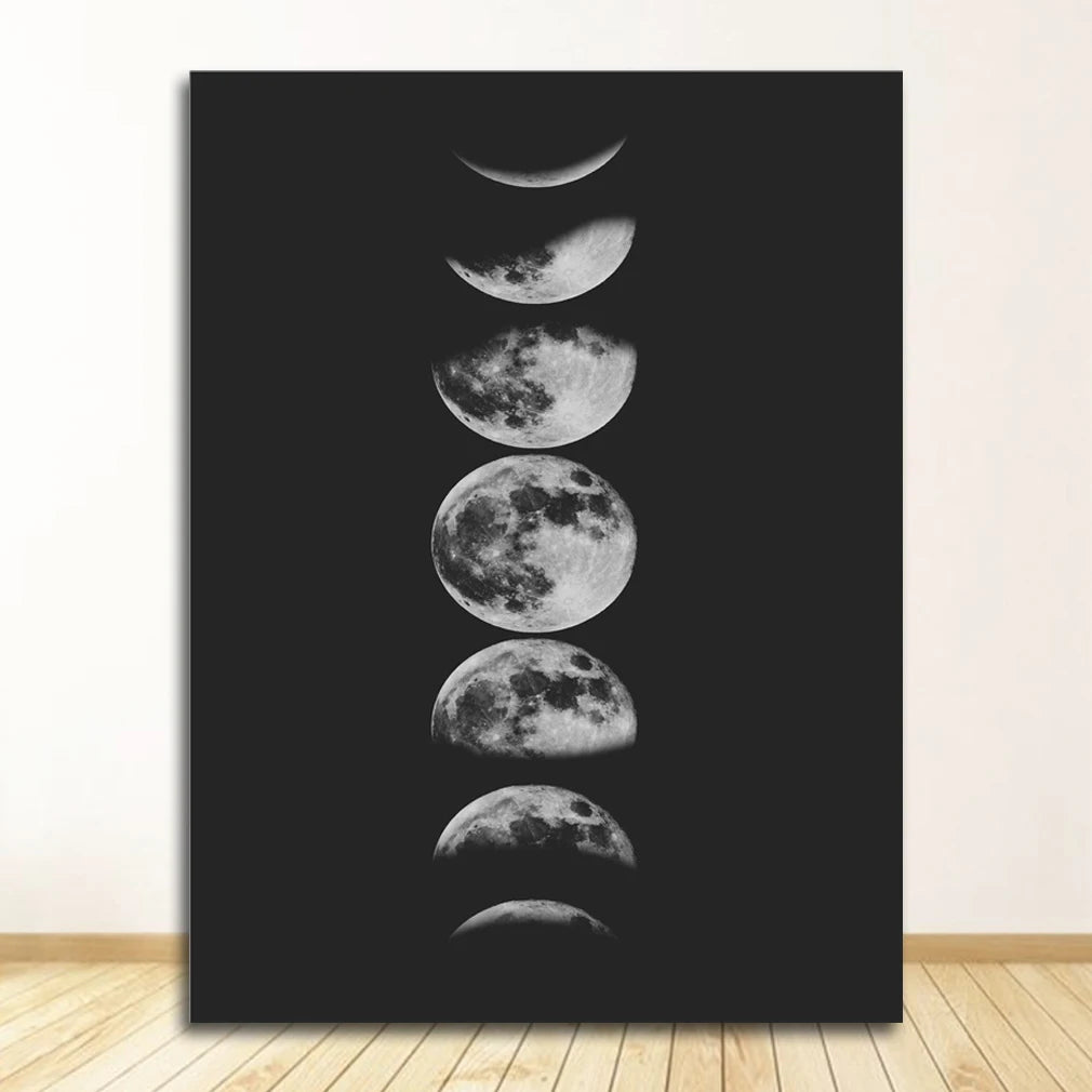 Poster Painting La Luna Pictures Home Wall Art Decor Moon Phases Wall Art Canvas Poster Print , Black and White Moon Phases
