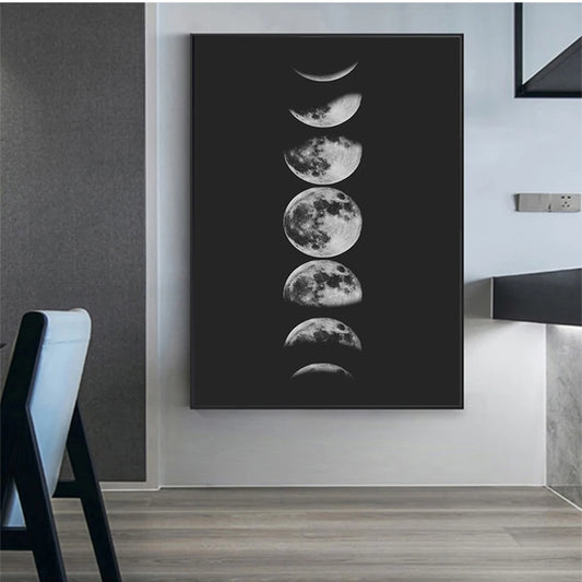 Poster Painting La Luna Pictures Home Wall Art Decor Moon Phases Wall Art Canvas Poster Print , Black and White Moon Phases