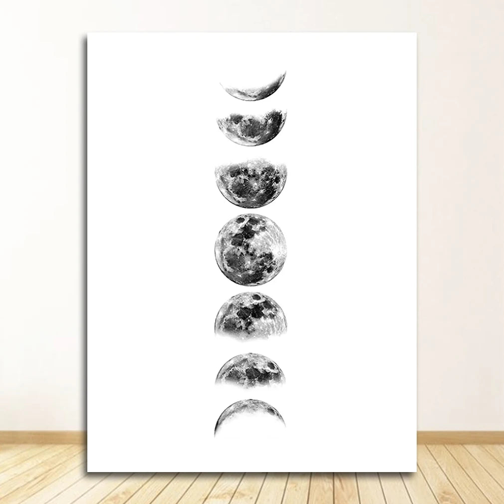 Poster Painting La Luna Pictures Home Wall Art Decor Moon Phases Wall Art Canvas Poster Print , Black and White Moon Phases