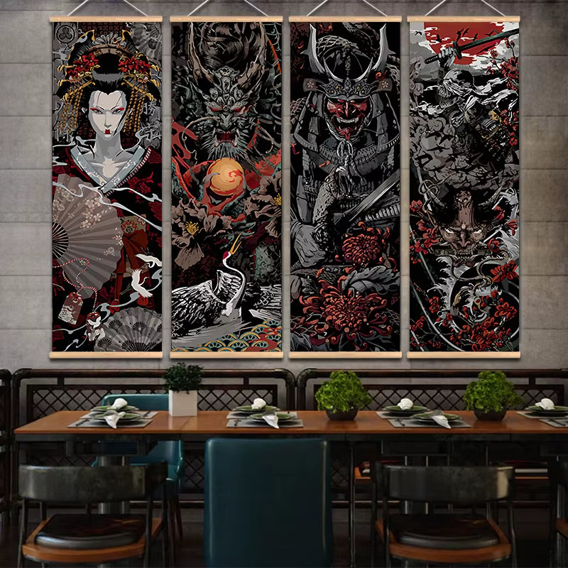 Vintage Japanese Samurai Sakuran Ukiyoe Scroll Canvas Wall Art Poster Geisha Pictures Scroll Painting Aesthetic Room Decor