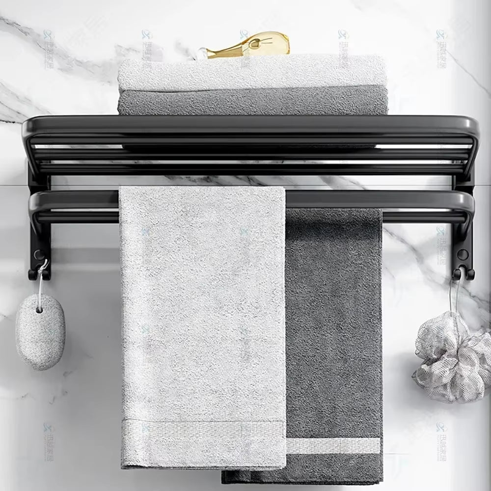 Towel Rack 40-60 CM Folding Holder with Hook Bathroom Accessories Wall Mount Rail Shower Hanger Aluminum Bar Matte Black Shelf