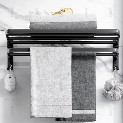 Towel Rack 40-60 CM Folding Holder with Hook Bathroom Accessories Wall Mount Rail Shower Hanger Aluminum Bar Matte Black Shelf
