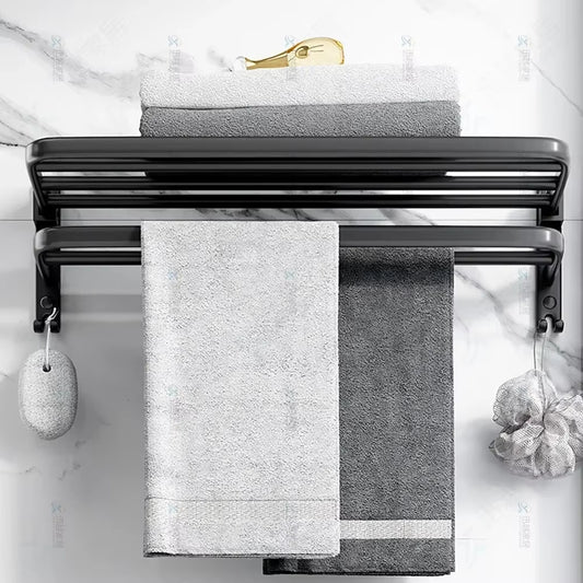 Towel Rack 40-60 CM Folding Holder with Hook Bathroom Accessories Wall Mount Rail Shower Hanger Aluminum Bar Matte Black Shelf