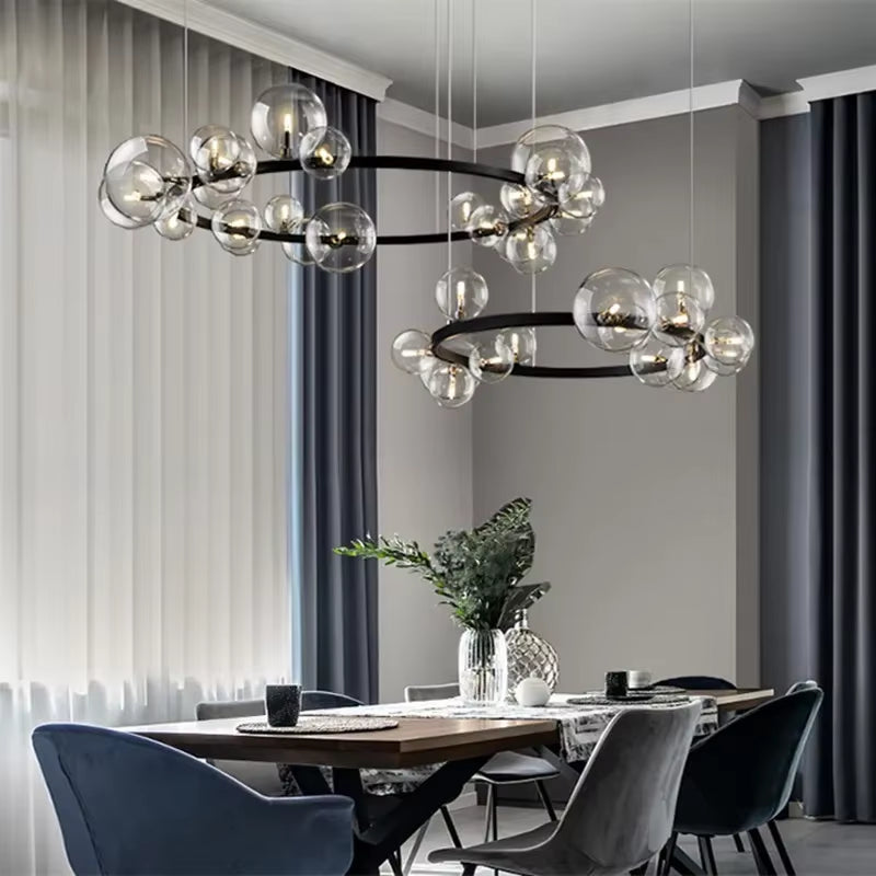 Round Glass Bubbles Chandelier for Living Room Dining Room Kitchen Table Bedroom Modern Glass Ball Pendant Lights Black