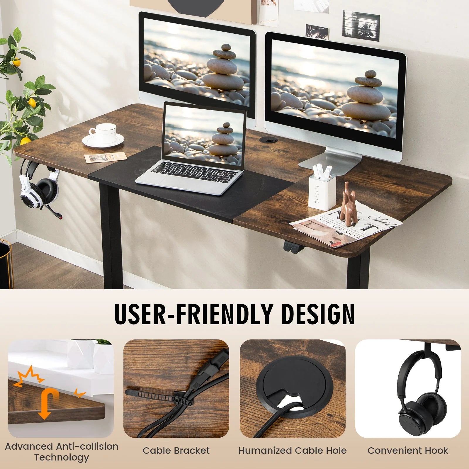 Height Adjustable Home Office Computer Desk with Headphone Hook
