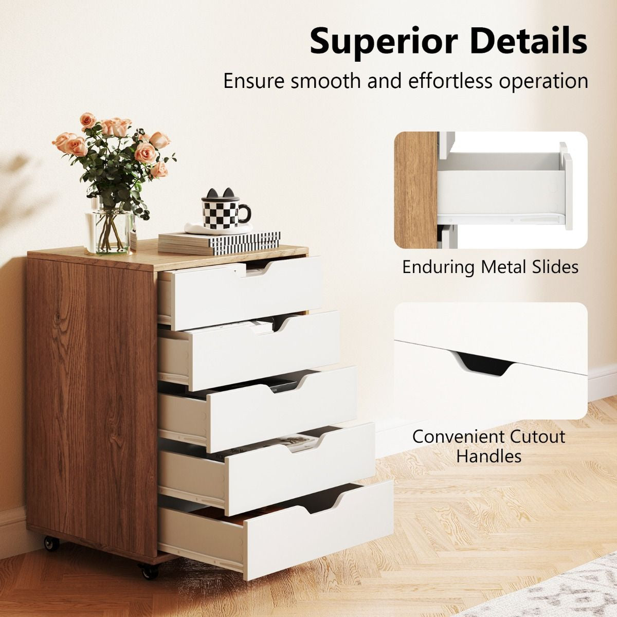 5 Drawer Chest with Wheels for Home and Office