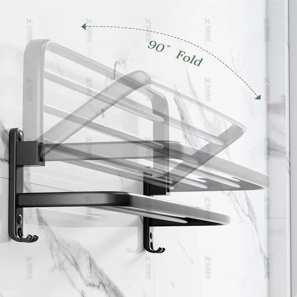 Towel Rack 40-60 CM Folding Holder with Hook Bathroom Accessories Wall Mount Rail Shower Hanger Aluminum Bar Matte Black Shelf