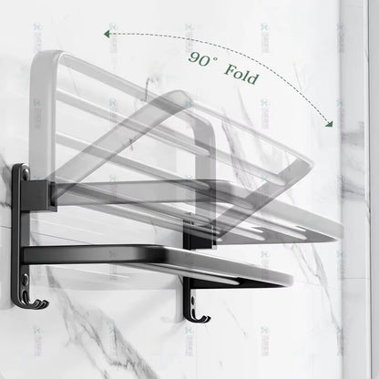 Towel Rack 40-60 CM Folding Holder with Hook Bathroom Accessories Wall Mount Rail Shower Hanger Aluminum Bar Matte Black Shelf