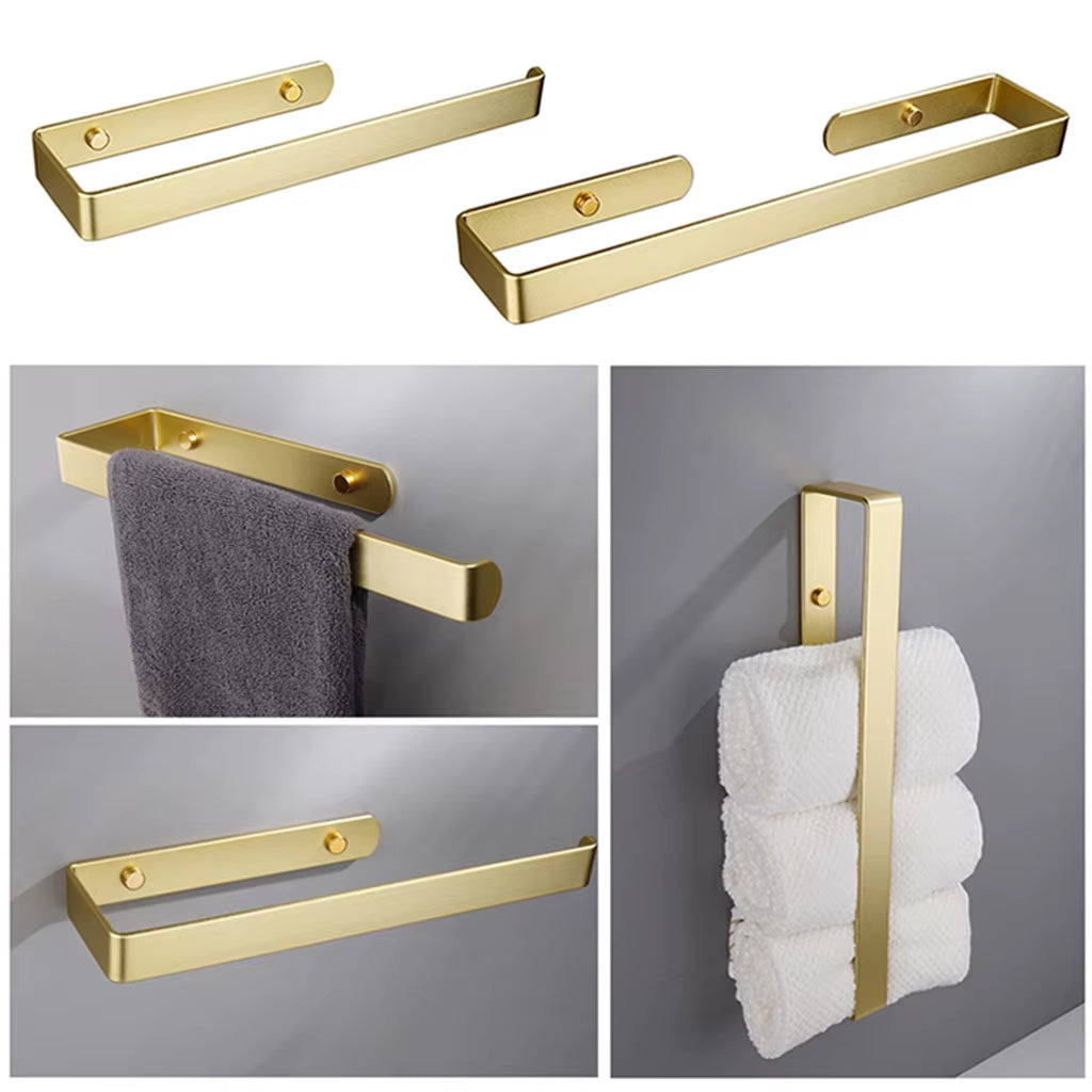 Golden Bathroom Towel Holder Rack Bar Kitchen Roll Paper Hand Towel Hanger Self Adhesive Storage Shelf Home Organizer No Drill